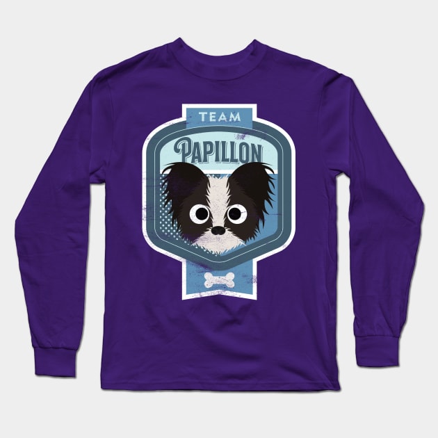 Team Papillon - Distressed Butterfly Dog Beer Label Design Long Sleeve T-Shirt by DoggyStyles